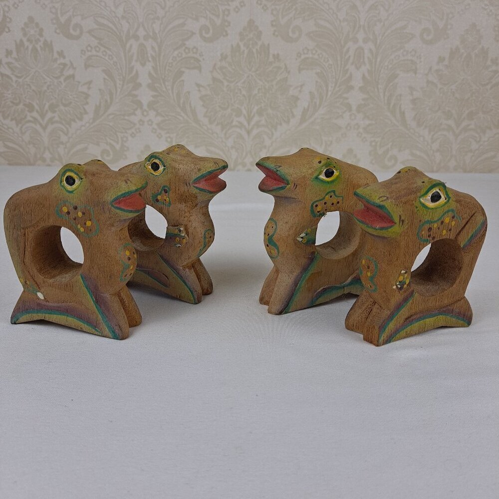 Vintage Set of 4 Wooden Frog Napkin Holders Hand Carved and Painted Folk Art